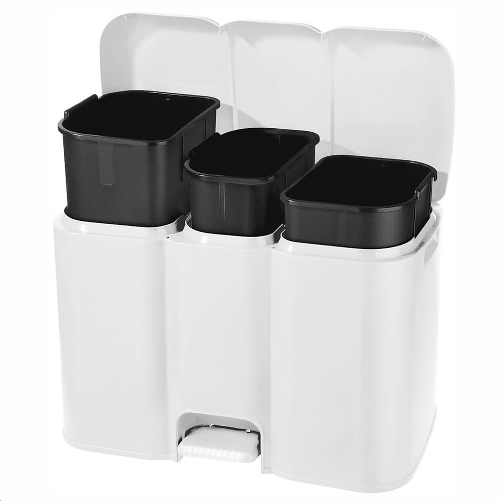 PALUPLUS Pattumiera a 3 Scomparti colore Bianco per Raccolta Differenziata, misura 59x32x42 cm e Capacità 34 Litri, Secchio per Spazzatura con Pedale per Apertura Automatica -1921C