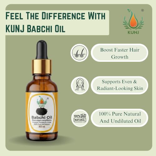 Image of KUNJ Babchi Oil 30ml - 100% Pure & Natural Cold Pressed Undiluted Babchi Oil for Skin, Face, Hair & Scalp Care | Supports Natural Glow, Smooth-Looking Skin & Hair Nourishment