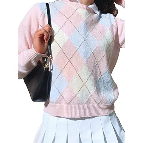 Women Diamond Check Knitted Sweater Color Block O-Neck Long Sleeve Casual Pullover Top Argyle Sweater Blouse (Pink, S) Cover