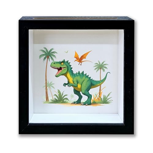 Children Saving Money Shadow Box Frame, Boy Piggy Bank Box with Slot, Dinosaur Themed Keepsake Memory Box, Fund Money Box Birthday Gifts for Kids, Boy Room Decorative Wooden Money Box -23
