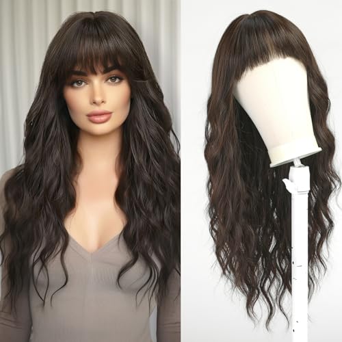 Esmee Long Wavy Black Brown Wig for Women Natural Synthetic Hair Heat Resistant Wigs with Fringe, Black Brown Natural, 22.5 Pulgadas