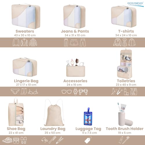 Image of OCEANEVO Set of 10 Pcs Packing Cubes for Travel | Includes Luggage Tag and Toothbrush Holder | Suitcase Organizer for Travelling for Clothes, Shoes and Lingerie | Model 3.0 - Beige - 1 Year Warranty