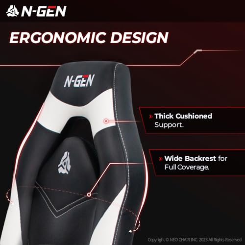Image of N-GEN Video Gaming Chair Ergonomic Computer Desk Office Chair with Lumbar Support Adjustable Height Swivel Wheels Flip-Up Arms PU Leather Home and Office (White)