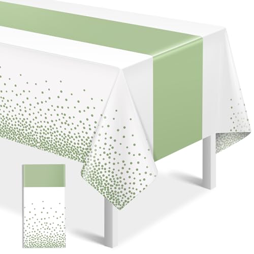 Image of 1Pcs White and Sage Green Tablecloth Decorations,Plastic White Table Cloth Printed Green Table Runner Disposable Rectangle Tables Cover for Birthday Wedding Anniversary Graduation Party,54 x108 Inch