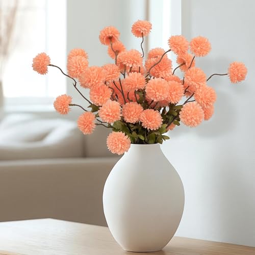 DuHouse 6pcs Artificial Flowers Faux Silk Pompon Mum,Silk Small Mini Chrysanthemum Ball with Stems for DIY Wedding Bouquets Centerpieces Vase Home Table Kitchen Decorations(Peach Fuzz)