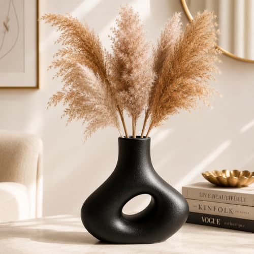Image of Abstract Ceramic Vase - Modern Matte Black Sculptural Hollow Centerpiece, 21.5 inch cm Decorative Flower Vase for Tabletop, Mantel, Living Room Decor