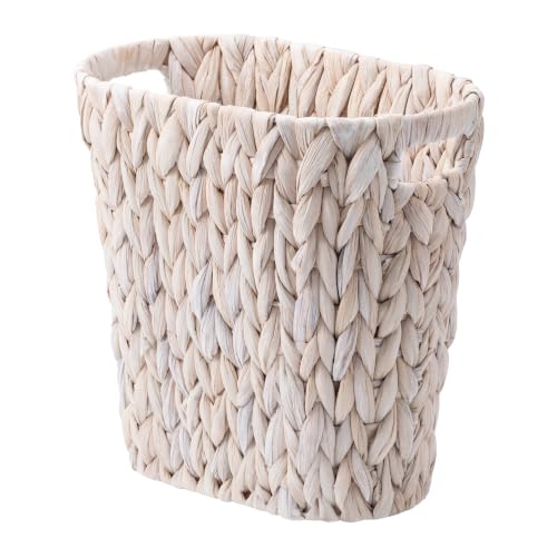 Image of StorageWorks 4.5 Gallon Slim Bathroom Trash Can with Built-in Handles, Wicker Waste Basket for Bathroom and Bedroom, Decorative Water Hyacinth Office Garbage Cans, Narrow Trash Bin for Decor, White