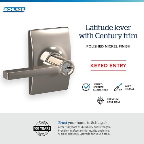 Image of SCHLAGE F51A LAT 618 CEN Latitude Lever with Century Trim Keyed Entry Lock, Polished Nickel