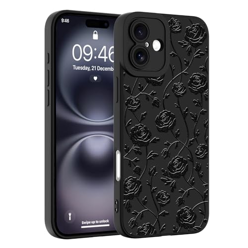 Image of Designed for iPhone 16 Case, Cute Rose Flower Floral Pattern Design, Slim Soft TPU Liquid Silicone Protective Cover for Women Girls - Black