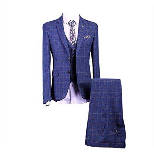 Classic Tweed Herringbone Wool Blend Men Suit 3 Pieces Blue with Gold Plaid Dark Striped Blazer