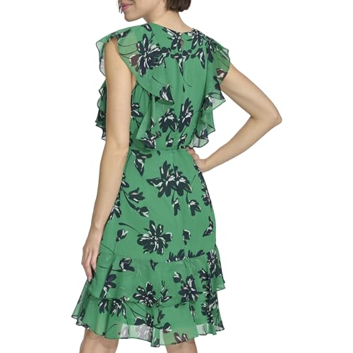 Image of Tommy Hilfiger Women's Sleeveless V-Neck Ruffle Trim Tie Waist Chiffon Mini Dress