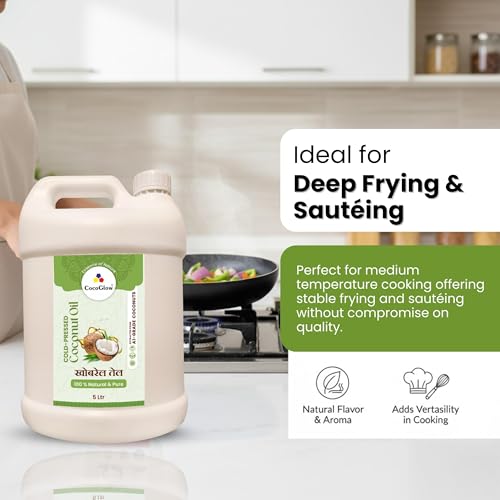 Image of CocoGlow Cold Pressed Coconut Oil 100% Natural & Organic | Chemical-Free | Healthy Cooking Oil | Contains MCT | 0 Trans Fat | 5 Litres