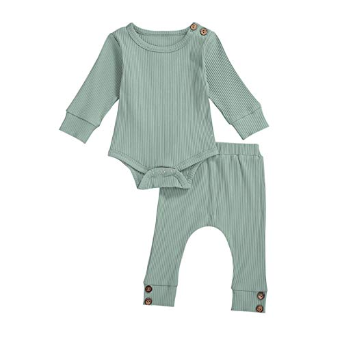 Winter Newborn Baby Boy Girl Outfits Solid Long Sleeve Ribbed Clothe Set Solid Bodysuits+Pants (Green, 0-3 Months)