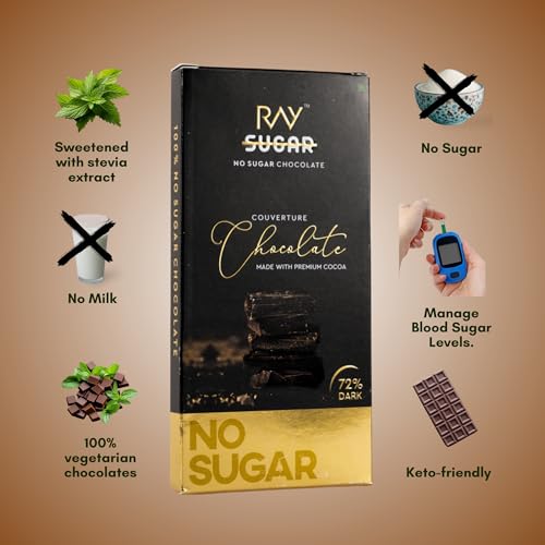 Image of RAY No Added Sugar 72% Couverture Chocolate 100g | Premium Dark Chocolate Bar | Sweetened with Stevia | Rich Cocoa Gourmet | Healthy Bar for Gifting & Snacking