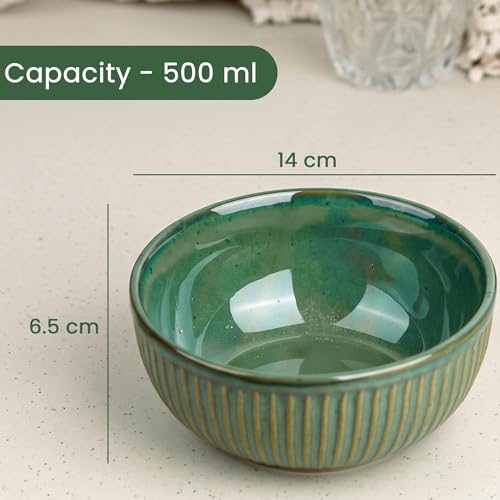 Image of The Earth Store Glam Green Ceramic Bowl Set of 2 - 500ML Each with Nob Wooden Lid | Mixing Bowls for Snacks, Rice, Dal, Fruits, Salad Microwave Safe Bowl with Lid Perfect Gifting & Daily Use