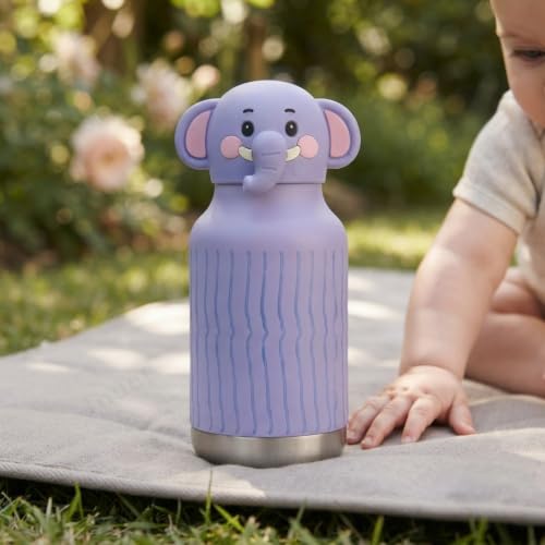 Image of JOUET Kids Stainless Steel Water Bottle 280ml with Cute Elephant Character Lid, Purple Leakproof Drinking Bottle for School, Travel & Daily Use