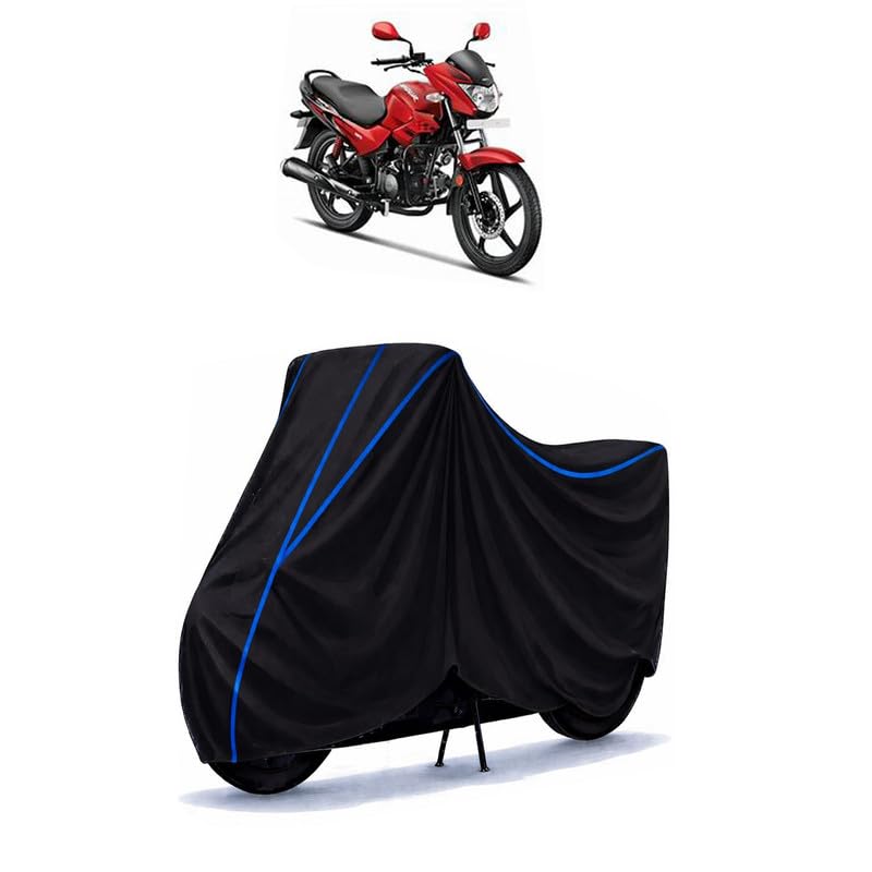 Image of Hero Glamour 125 E20 Bike Cover Water Resistant Universal Motorcycle Rain | Heavy Duty UV Protection, Dust, Scratch Indoor Outdoor All Weather with Black Blue Piping Elastic