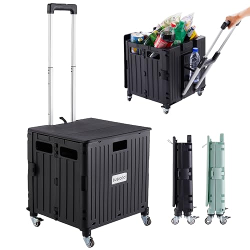 SUBICOO Folding Utility Cart Portable Rolling Crate Handcart Shopping Trolley Collapsible Tool Box, with Lid, on 4 Rotate Wheels, for Grocery, Shopping, Office, Teacher, Camp(Black)
