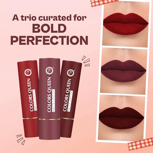 Image of Colors Queen Lippie Pack of 3 Matte Lipsticks for Women Enriched with Jojoba Oil & Vitamin E | Lightweight & Long Lasting | Creamy Smooth Texture, Nourishing Formula | One Swipe Application (Combo - 01, 15g)