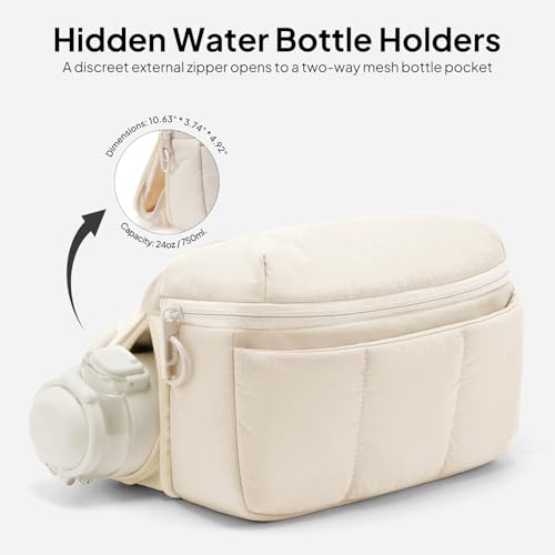 Image of TOPEAST Waist Pack 3.5L Fanny Packs with Water Bottle Holder, Large Capacity Travel Belt Purse Anti-Theft RFID Blocking, Beige Fluffy Crossbody Sling Bag for Hiking Walking