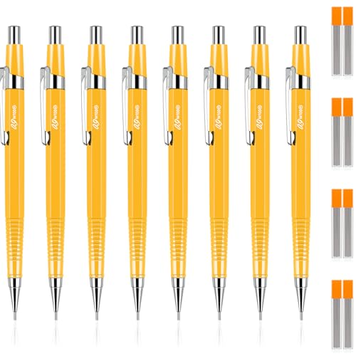Image of Outus 8 Pcs 0.9mm Yellow Metal Mechanical Pencil, Back to School Gift Automatic Drafting Pencil with Lead Refills for Student, Sketching, Engineer Woodwork Drawing, Architect, Exam Week, Study, Office