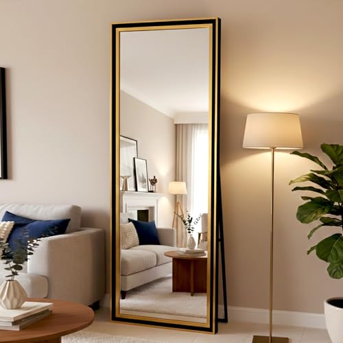 Image of Full Length Chavel Mirror, 5.25 Feet Standing, Leaning, Wall-Mounted or Floor Mirror with Black & Golden Frame, Rectangular 5MM HD Glass Mirror for Bedroom, Living Room or Home Dcor