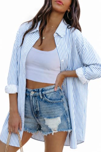 Image of FSHAOES Womens Oversized Button Down Shirts Casual Loose Long Sleeve Solid Lapel Long Blouses Tops with Pockets