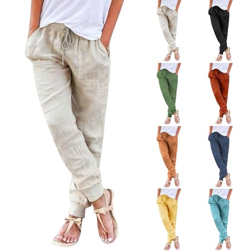 Linen Beach Pants Women Drawstring Waist Pocket Casual Trousers Breathable Comfortable Summer Loose Fit Pants