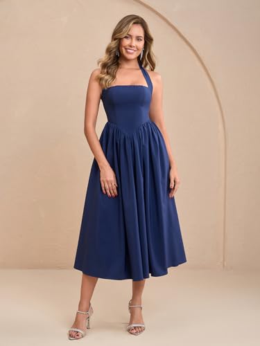 Image of Parthea Women's Floral Halter Corset Midi Dress 2026 Elegant Smocked Flowy Wedding Guest Dresses with Pockets