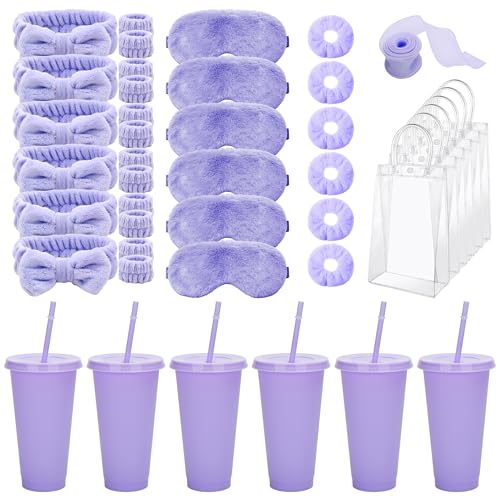 43 Pcs Spa Sleepover Party Supplies for Girls 6 Sleep Eye Masks 6 Headbands 6 Hair Scrunchies 12 Wrist Bands 6 Glitter Cups 6 Bags 1 Gift Wrapping Ribbon for Girls Pamper Slumber Birthday(Purple)