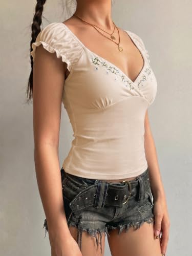 Image of EMMIOL Y2K Fairy Grunge Short Sleeve Shirts for Women Vintage Floral Graphic V Neck Cute Going Out Tops Emo Summer Tee