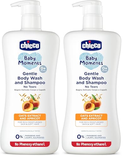 Image of Chicco Baby Moments Gentle Bodywash & Shampoo with Oats Extracts & Apricot, 650ml | Head-to-Toe | No Tears Formula | Moisturized Skin & Hair | Dermatologically Tested | Parabens & Phenoxyethanol Free