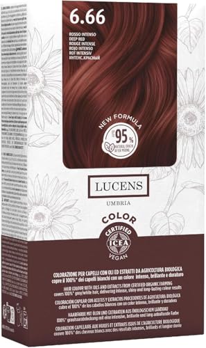 Lucens Umbria - 6.66 Rosso Intenso, Tinta per Capelli Senza Ammoniaca, Kit Colorazione Permanente Vegan con Estratti Naturali, Azione Lenitiva, Idratante e Protettiva
