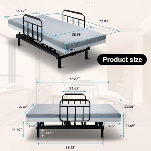 Adjustable Hospital Bed for Seniors Elderly with Mattress, Electric Lift Bed with Remote, Fall-Safe Frame&Meal Tray,Head&Foot Incline,Adjustable Bed Base for Safe Lying/Standing/Aid/Sitting,Twin