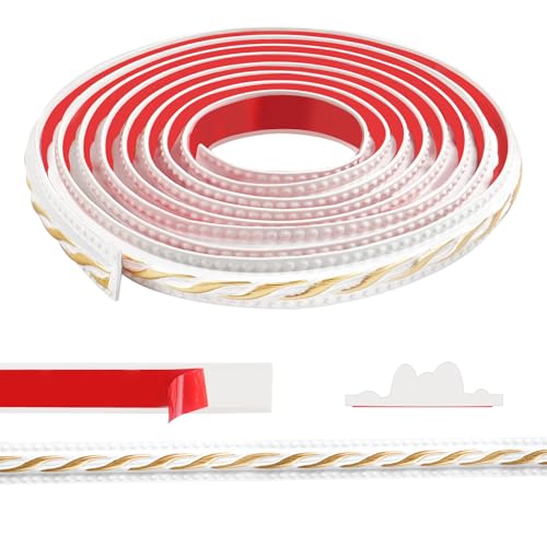 TECDW Flexible Wanddekorstreifen, selbstklebende Wanddekorstreifen, abziehen und aufklebende Deckenstreifen, einfache Muster, Für Wand- und Heimdekoration (Weiß mit Gold-3)