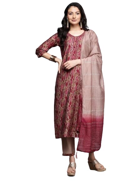 Varanga Women Printed Pink Floral Embroiderd Round Neck Kurta Paired With Bottom And Dupatta