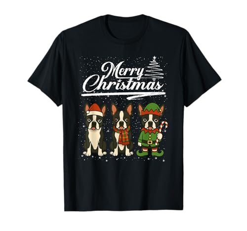 Merry Christmas Boston Terrier Reindeer Elf Santa Dog Lover Maglietta