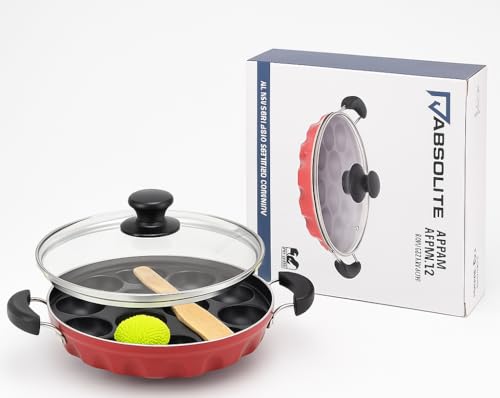 Image of Arstolife Non-Stick Appam Pan, 12 Pit Traditional Cookware with Glass Lid, Wooden Spatula and Cleaning Sponge, Red