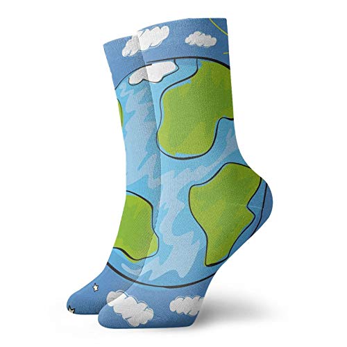 Fashion Compression Socks,Childs Drawing Of The Planet Earth Surrounded With Clouds Day And Night Cycle,Performance Polyester Cushioned Athletic Crew Socks for Running,Athletic, -12 inch