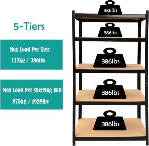 Autofu 5 Tier Boltless Garage Shelving Unit Heavy Duty Industrial Storage Shelves Metal Racking Unit For Shed Warehouse Workshop Office,Home, 175Kg Per Shelf/875Kg Capacity, 180X90X40Cm, Black #TOP3