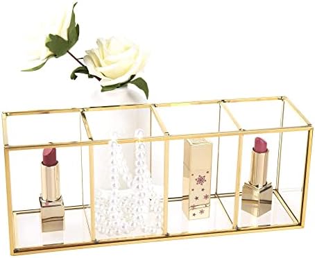 Feyarl 4 Compartments Gold Glass Makeup Brush Holder Pen Pencil Holder Transparent Office Supplies Holder Cosmetic Holder Beauty Display for Eyeliners Nail Polish Makeup Organizer
