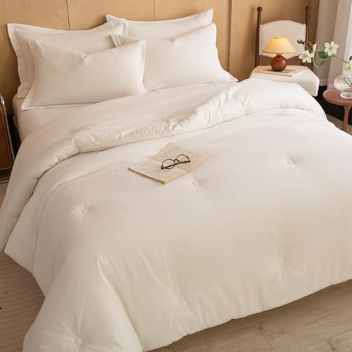 Image of Cyusri Cotton Solid Full Comforter Set - Soft Lightweight Bedding 3 Pieces Dyed Bed Set with 2 Pillow Shams,Reversible All Season Farmhouse Down Alternative(Full Size 80 inchx90 inch White)