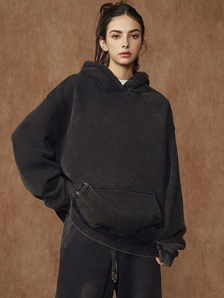 Womens Acid Wash Oversized Hoodie Unisex Couples Heavyweight Fleece Vintage Hoodies Baggy Pullover Sweatshirt - Image 3