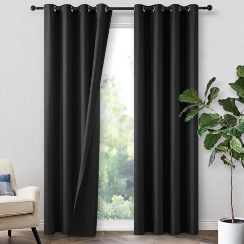 MRTREES Black Short Blackout Curtains for Bedroom, 2 Pieces 140 x 160 cm, Thick Fabric, 100% Light-Blocking Thermal Cold Insulated Curtains with Eyelets for Bedroom, Office