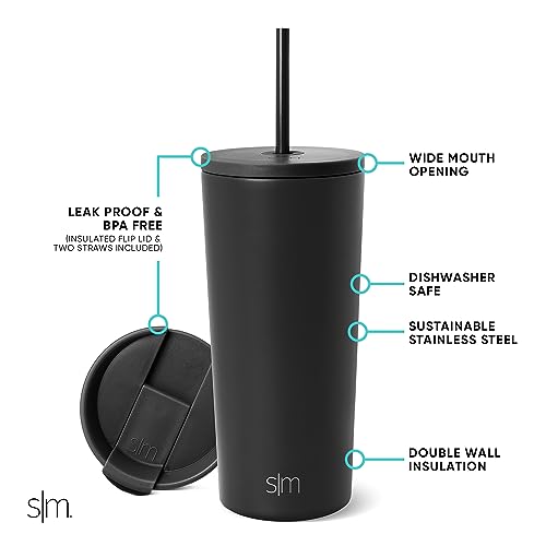 Image of Simple Modern Classic Tumbler with Straw Lid | Insulated Iced Coffee Cup Reusable Stainless Steel Water Bottle Travel Mug | Gifts for Women Men Her Him | 20oz | Midnight Black