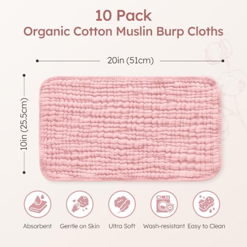 Image of Yoofoss Muslin Burp Cloths for Baby 5 Pack 100% Organic Cotton Baby Washcloths for Boys Girls Large 20''X10'' Super Soft and Absorbent Apricot,Pastel Macaron