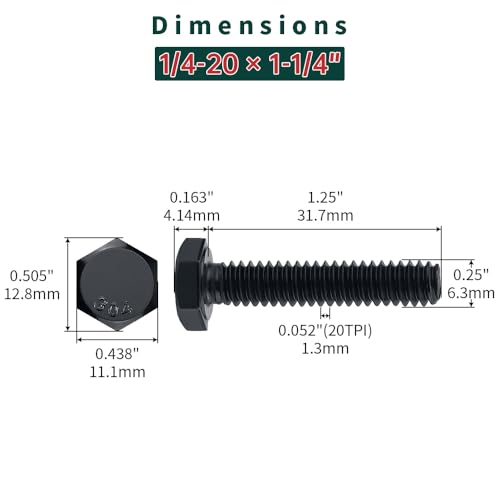 Image of 1 /4-20 x 1-1 /4 inch Hex Bolts with Nuts and Washers (10 Sets), 18-8 (304) Stainless Steel, External Hex Drive, Black Oxide Coated Hexagon Head Bolts Screws, Fayeploo