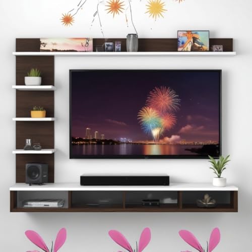 Image of High Strength & Durable Wall Mount Engineered Wood TV Entertainment Unit Stand Set Top Box Stand for Living Room Classic Walnut & Frosty White Large