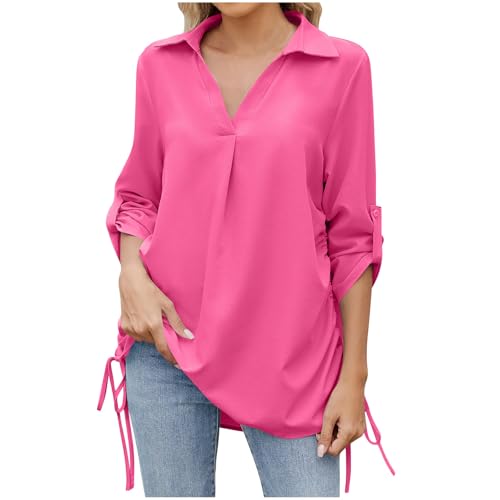 Blusas de verano para mujer, de manga larga, con cuello en V, casuales, holgadas, para negocios, trabajo, cómodas, básicas, para salir, ropa de vacaciones, hot pink, XXL