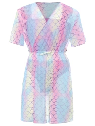 Kids Girls 3-Piece Fish Scales Print Bikini Swimsuit Ruffle Swim Top and Bottom with Summer Beach Dress Set3